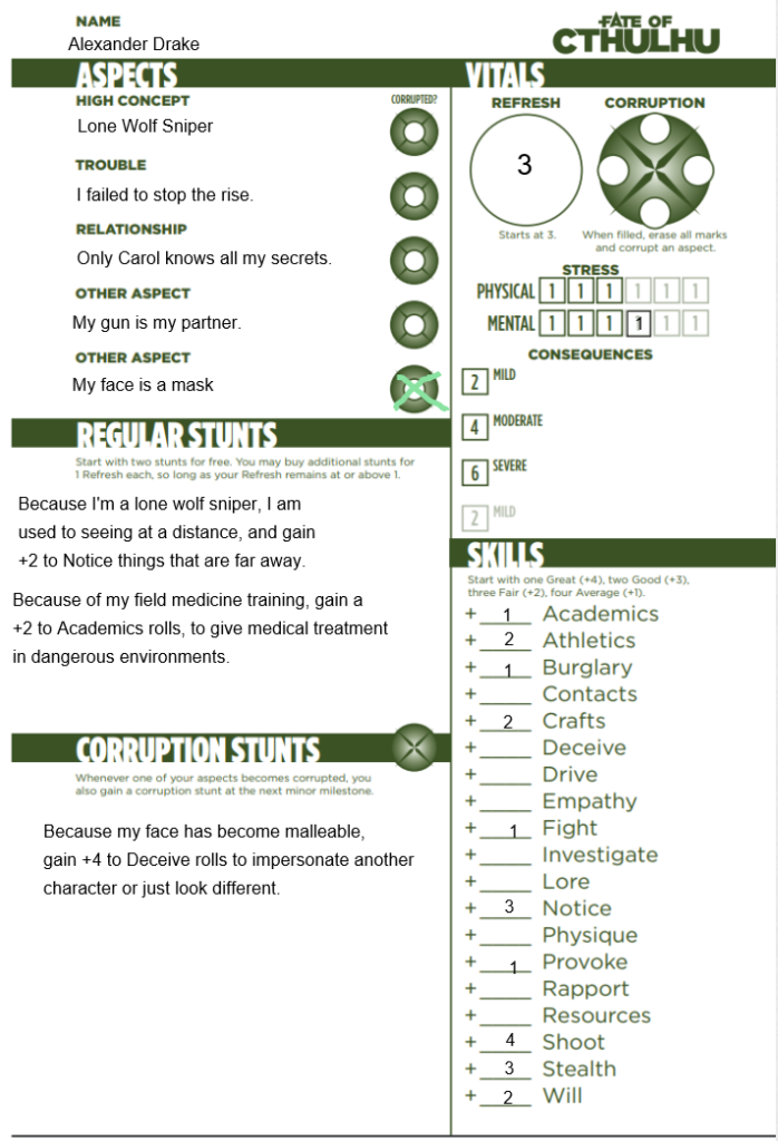 Character Sheet from Fate of Cthulhu